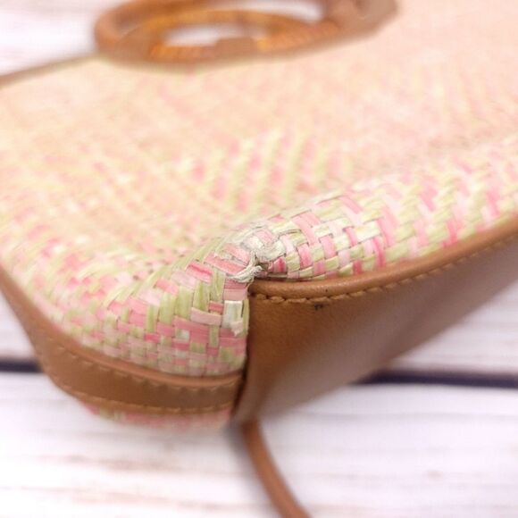 Vintage Fossil Pink and Tan Straw Purse Shoulder Crossbody Bag Wooden Handles - Picture 13 of 15